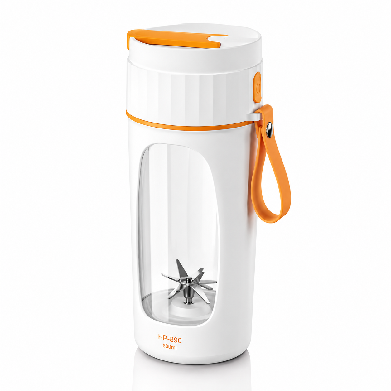 Portable 500ml USB rechargeable juicer blender with transparent blending chamber, stainless steel blades, orange carry strap, and compact travel-friendly design