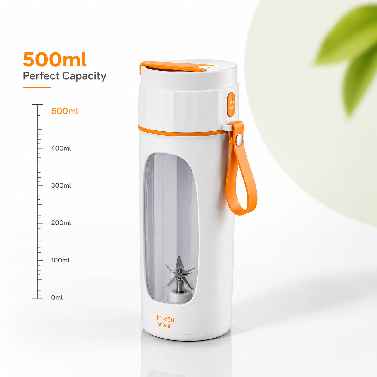 HP-890 portable USB rechargeable juicer blender with 500ml capacity, transparent blending cup, stainless steel blades, orange carry strap, and compact white body