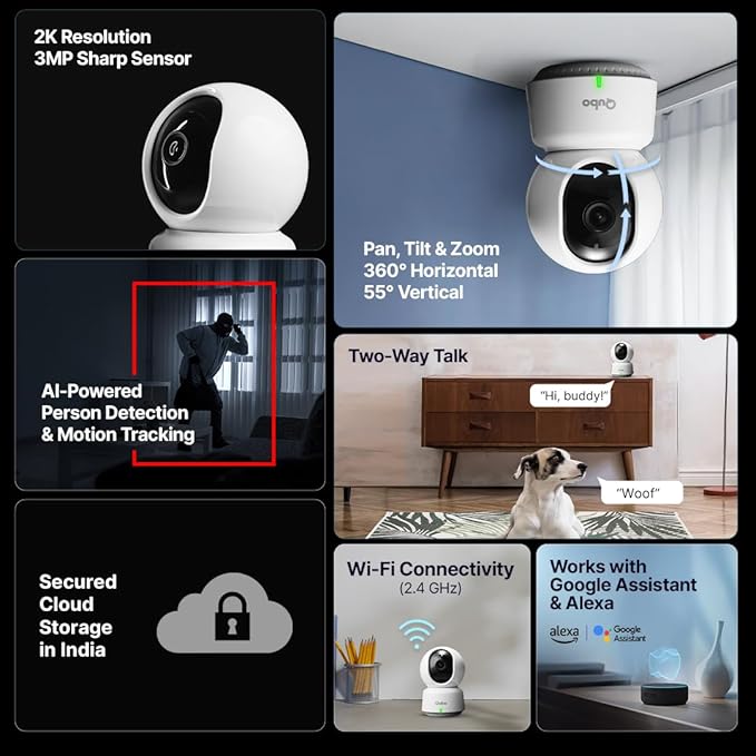 Qubo Smart 360 Camera HD WiFi Night Vision Motion Alert Camera