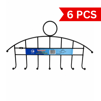 Black 7-hook metal wall mounted hanger rack with arch design, multipurpose organizer for coats, towels, bags, hats and keys.