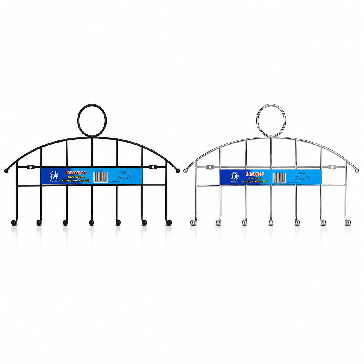 Black and chrome silver metal wall hanger racks with 7 hooks, durable multipurpose wall organizer for home and office use.
