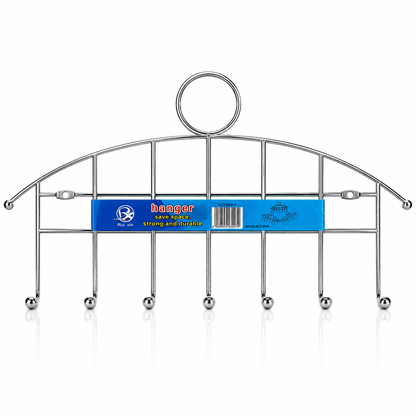 Chrome silver 7-hook wall mounted metal hanger rack with decorative arch frame and sturdy hooks for coats, bags and accessories.