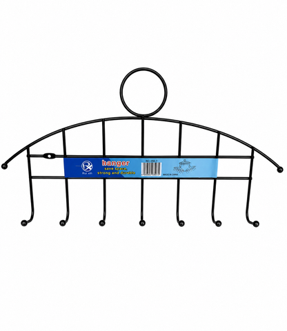 Black 7-hook metal wall mounted hanger rack with arch design, multipurpose organizer for coats, towels, bags, hats and keys.