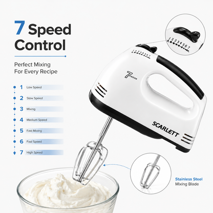 Scarlett 260W hand mixer with 7 speed settings and stainless steel mixing beater for baking