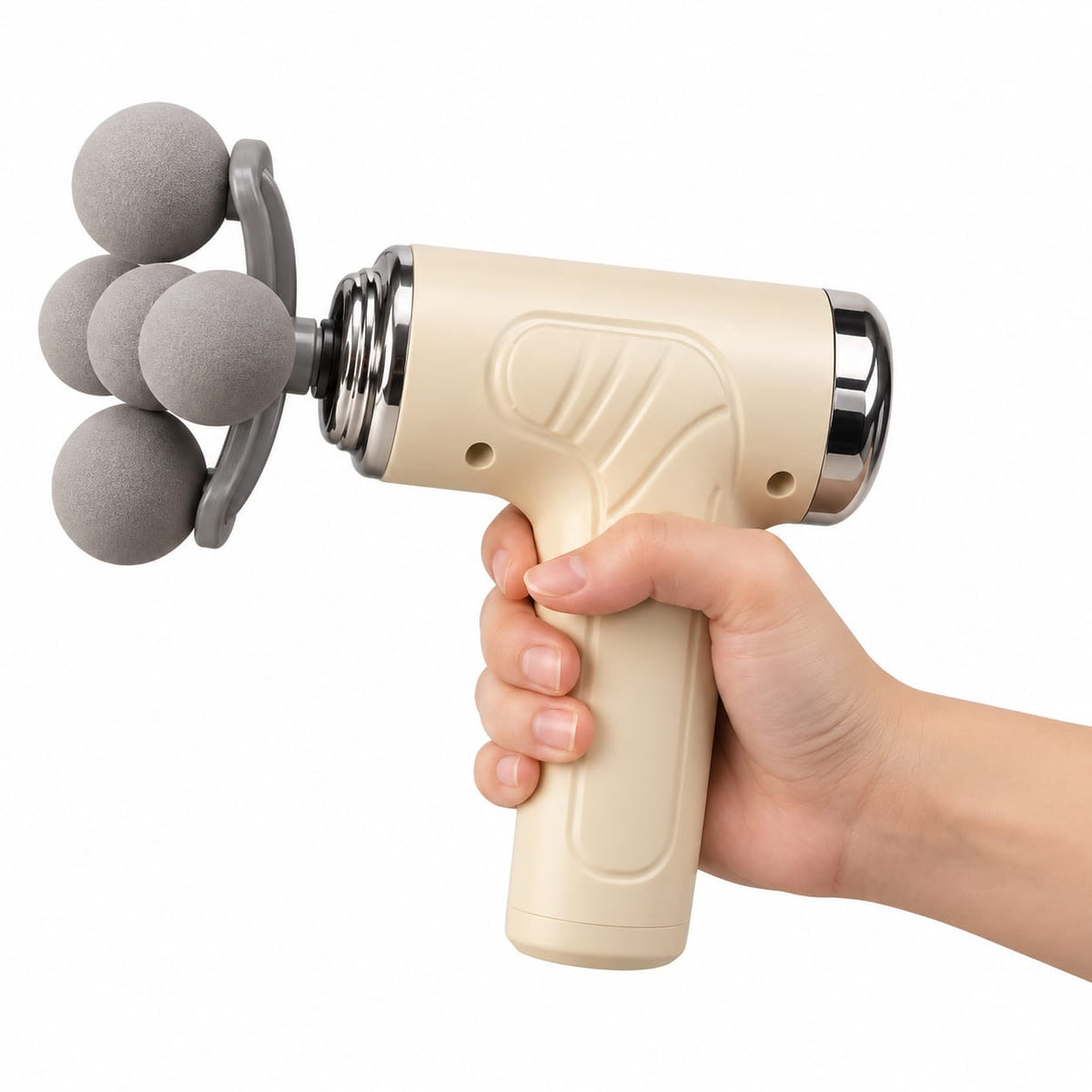 Professional massage gun showing ergonomic handheld design, adjustable speed control, and use on the shoulder.