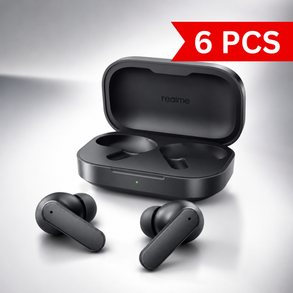 Premium black true wireless Bluetooth earbuds displayed beside an open compact charging case with LED indicator. Modern matte finish, ergonomic in-ear design, USB-C charging case, ideal for music, calls, gaming, and everyday wireless listening.