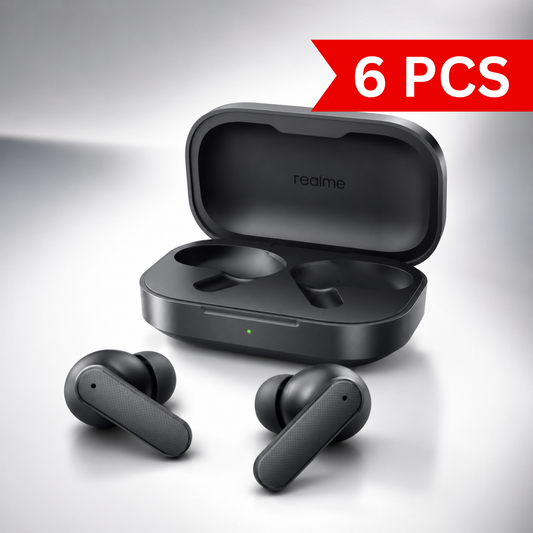 Premium black true wireless Bluetooth earbuds displayed beside an open compact charging case with LED indicator. Modern matte finish, ergonomic in-ear design, USB-C charging case, ideal for music, calls, gaming, and everyday wireless listening.