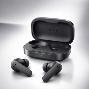 Premium black true wireless Bluetooth earbuds displayed beside an open compact charging case with LED indicator. Modern matte finish, ergonomic in-ear design, USB-C charging case, ideal for music, calls, gaming, and everyday wireless listening.