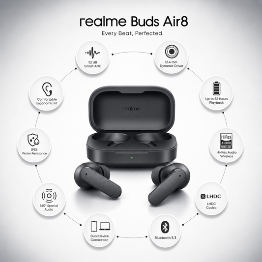 Black premium true wireless earbuds with charging case featuring 52dB Smart Active Noise Cancellation, 12.4mm dynamic drivers, Bluetooth 5.3, Hi-Res Audio Wireless, LHDC codec, up to 52 hours of playback, IP55 water resistance, 360° spatial audio, dual-device connection, and an ergonomic in-ear design.