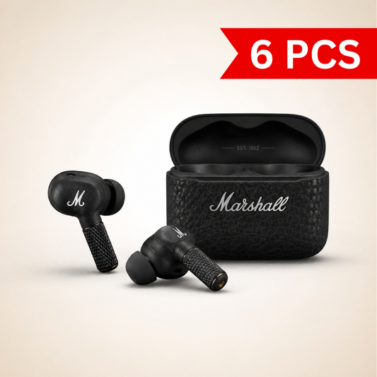 Premium true wireless earbuds displayed beside an open textured black charging case with a leather-inspired finish. Features ergonomic in-ear design, compact charging case, and elegant studio lighting