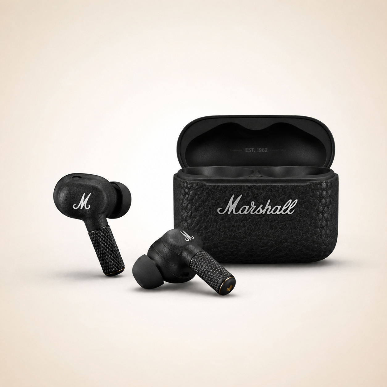 Premium true wireless earbuds displayed beside an open textured black charging case with a leather-inspired finish. Features ergonomic in-ear design, compact charging case, and elegant studio lighting