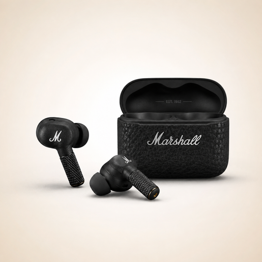 Premium true wireless earbuds displayed beside an open textured black charging case with a leather-inspired finish. Features ergonomic in-ear design, compact charging case, and elegant studio lighting