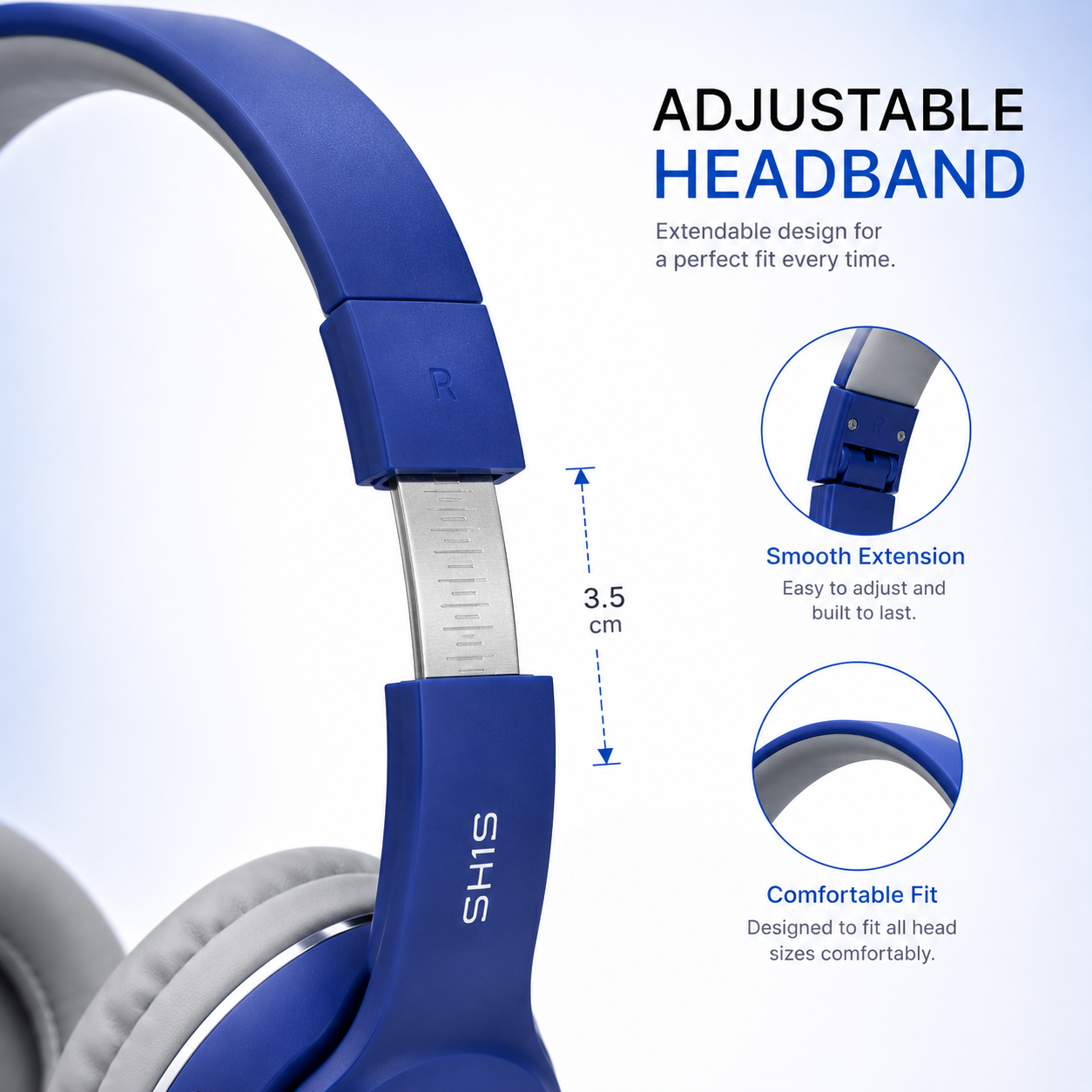Blue and grey wireless over-ear headphones with adjustable headband, soft cushioned ear cups, built-in control buttons and lightweight foldable design