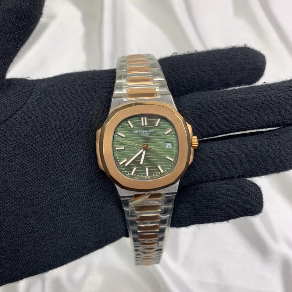 Classic Two-Tone Watch with Green Patterned Dial & Date Window