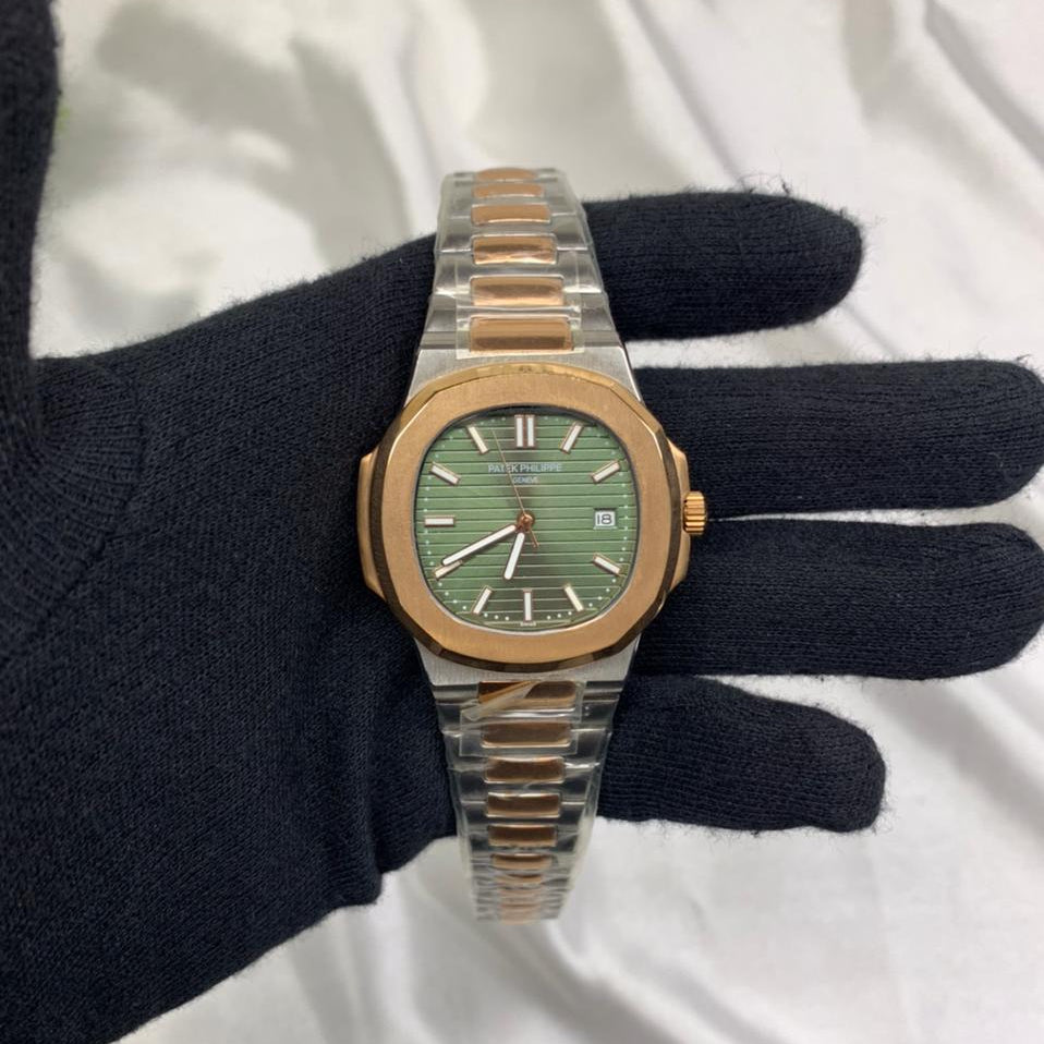 Classic Two-Tone Watch with Green Patterned Dial & Date Window