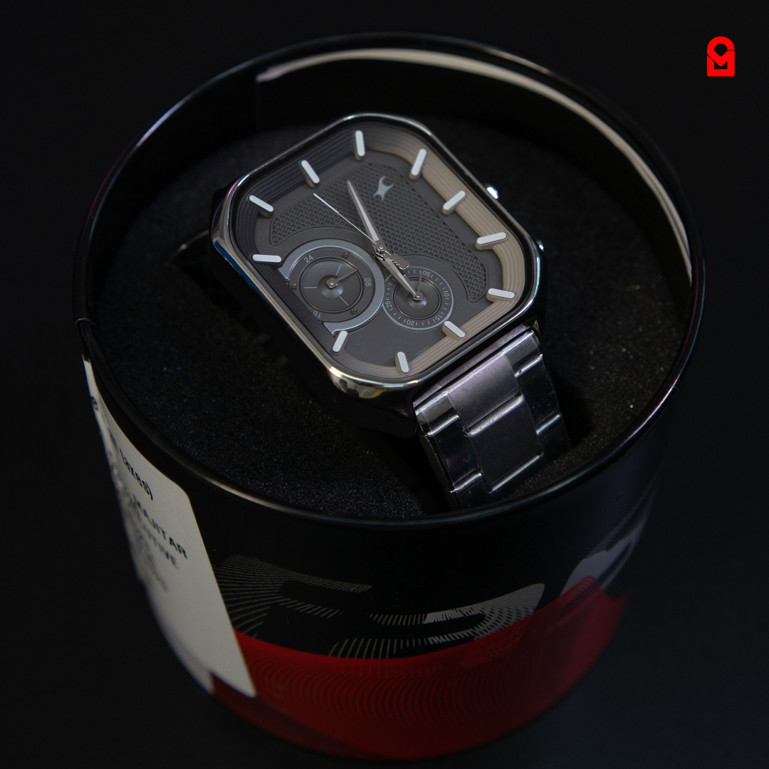 Apex Steel Chrono Watch square grey dial with stainless steel bracelet and dual sub-dials.