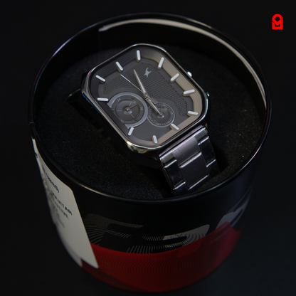 Apex Steel Chrono Watch square grey dial with stainless steel bracelet and dual sub-dials.