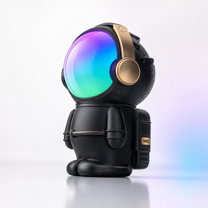 Black astronaut Bluetooth speaker with RGB visor light, gold accents and compact portable design, displayed