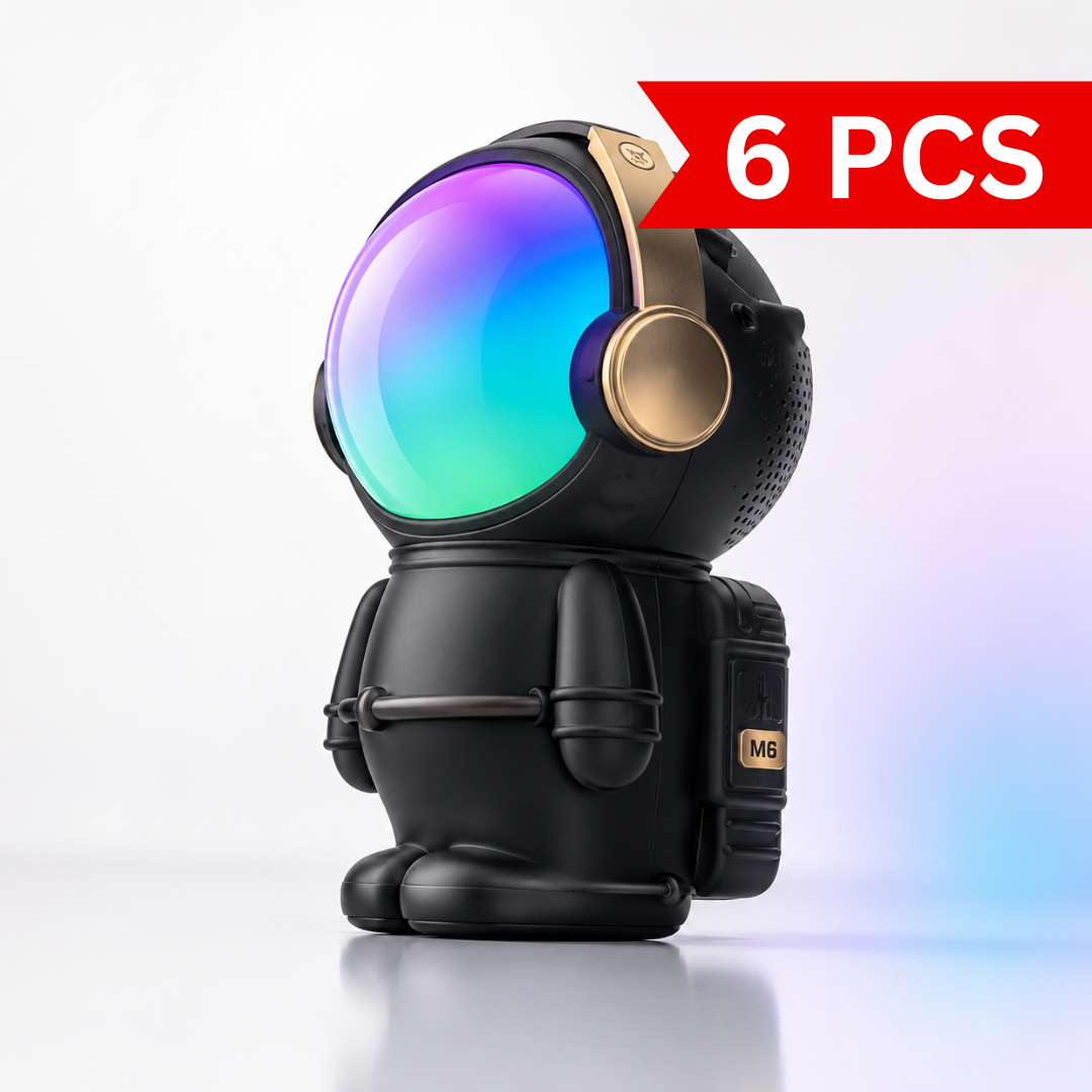 Black astronaut Bluetooth speaker with RGB visor light, gold accents and compact portable design, displayed