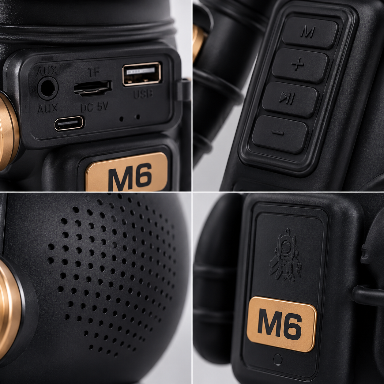 Close-up views of the astronaut Bluetooth speaker showing USB, TF card and AUX ports, playback controls, speaker grille and rear design with detailed build quality.