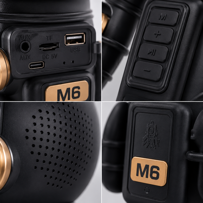 Close-up views of the astronaut Bluetooth speaker showing USB, TF card and AUX ports, playback controls, speaker grille and rear design with detailed build quality.