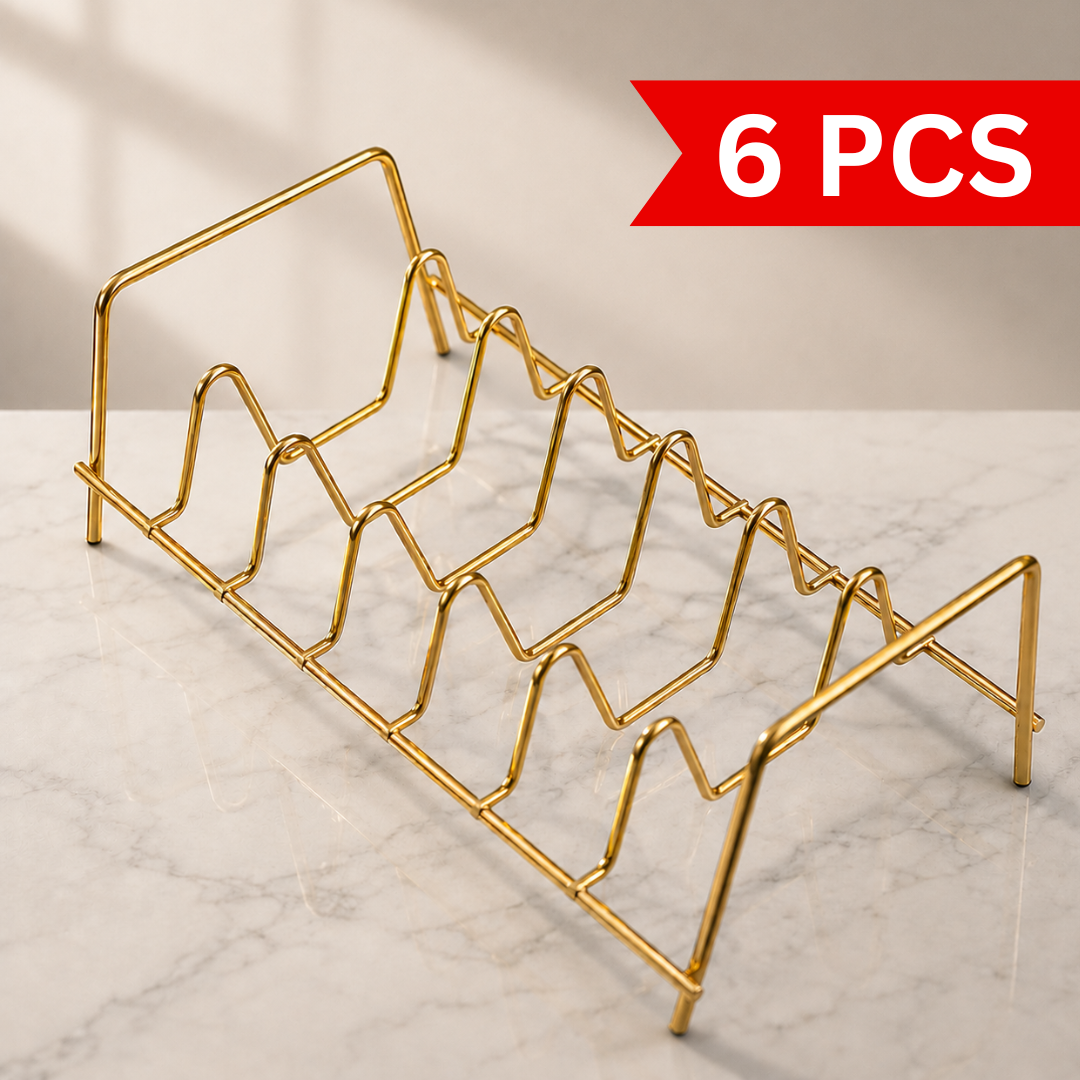 Aurea Gold Metal Plate Holder premium wire dish rack with multiple storage slots displayed on a marble countertop for modern kitchen organization