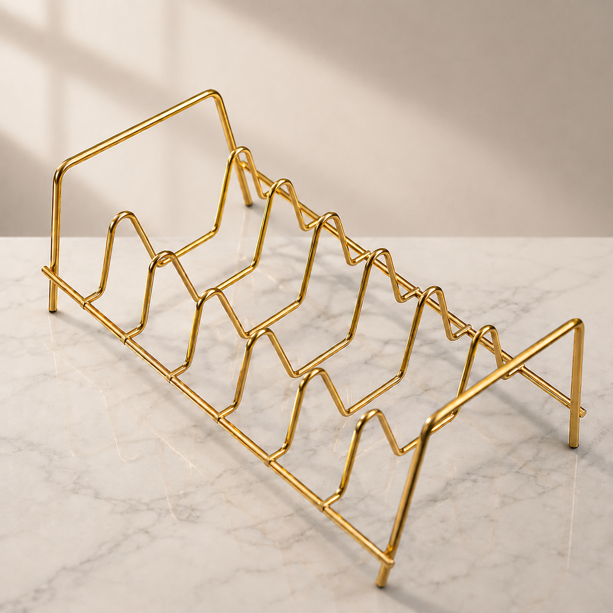 Aurea Gold Metal Plate Holder premium wire dish rack with multiple storage slots displayed on a marble countertop for modern kitchen organization