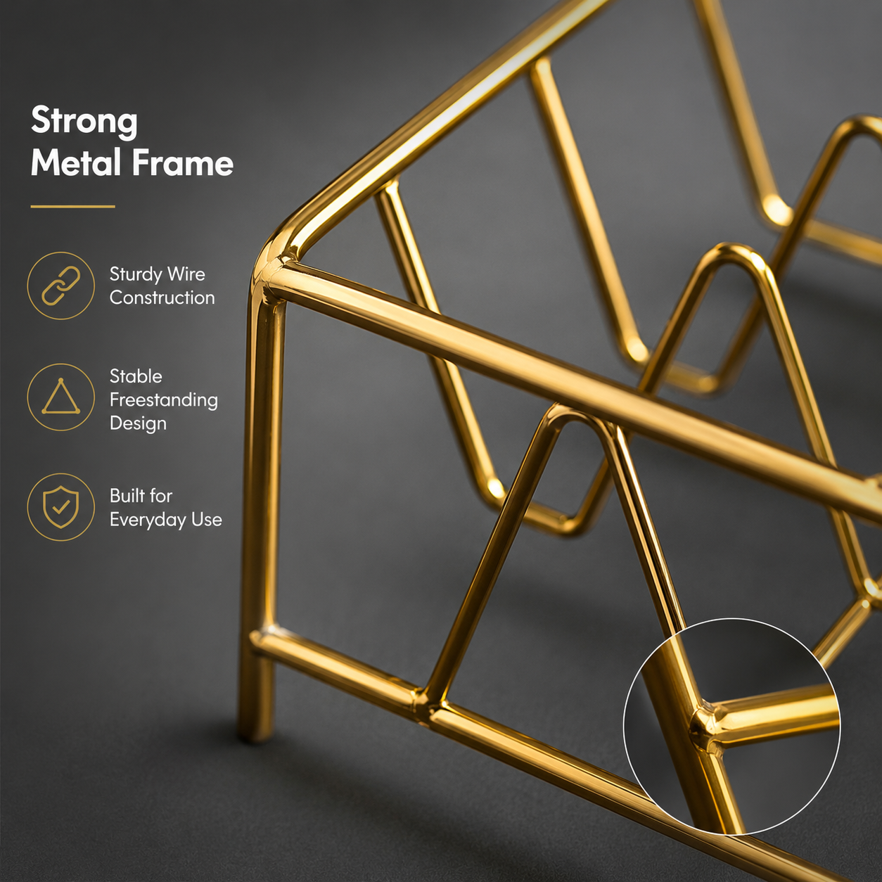 Close-up of Aurea Gold Metal Plate Holder showcasing sturdy metal wire construction, durable welded joints, and premium gold finish