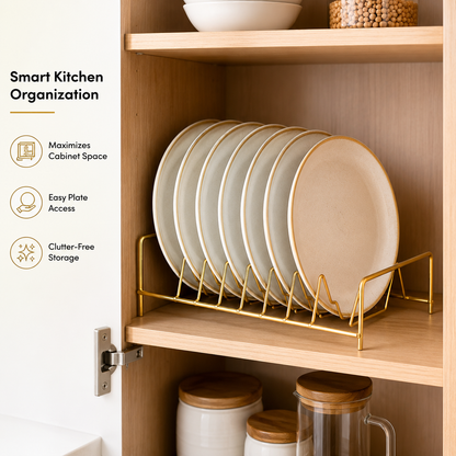 Aurea Gold Metal Plate Holder organizing ceramic dinner plates vertically inside a kitchen cabinet for space-saving storage