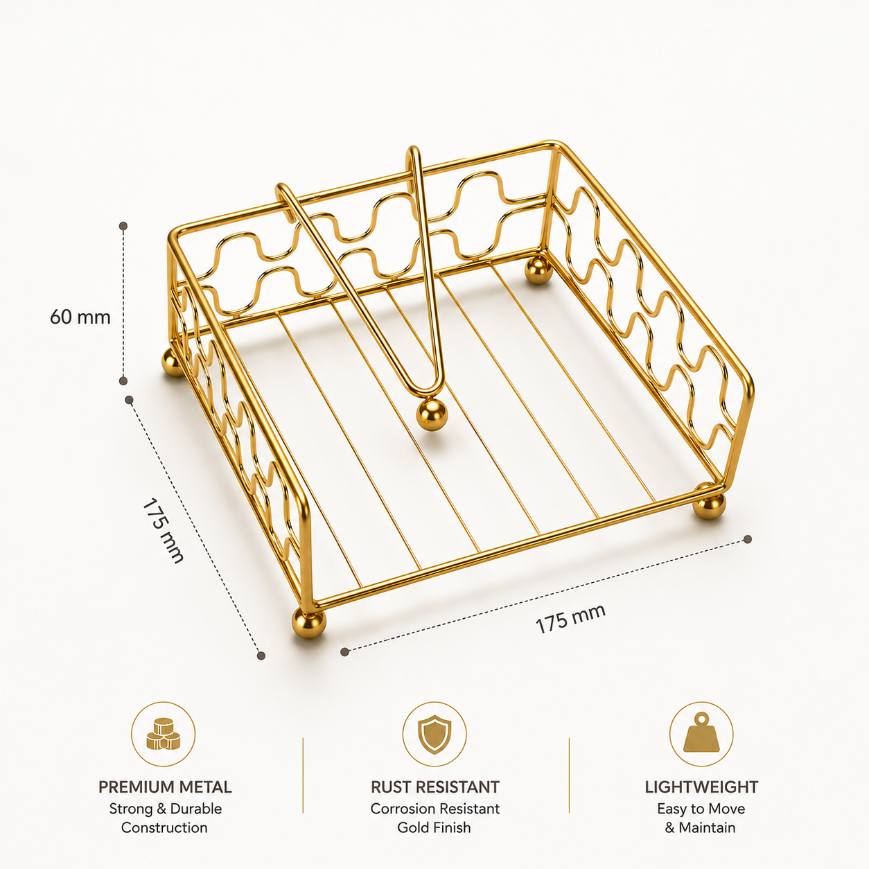 Aurea Gold Metal Tissue Holder with weighted arm, rust-resistant premium metal napkin holder, 175 x 175 mm tabletop tissue organizer