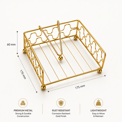Aurea Gold Metal Tissue Holder with weighted arm, rust-resistant premium metal napkin holder, 175 x 175 mm tabletop tissue organizer