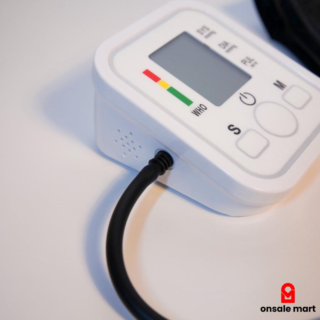 Side view of the electronic BP machine with cuff connection tube attached.