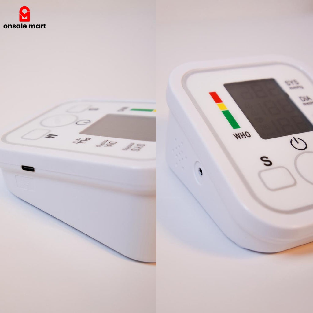 USB power and tube ports on the compact digital blood pressure monitor body.