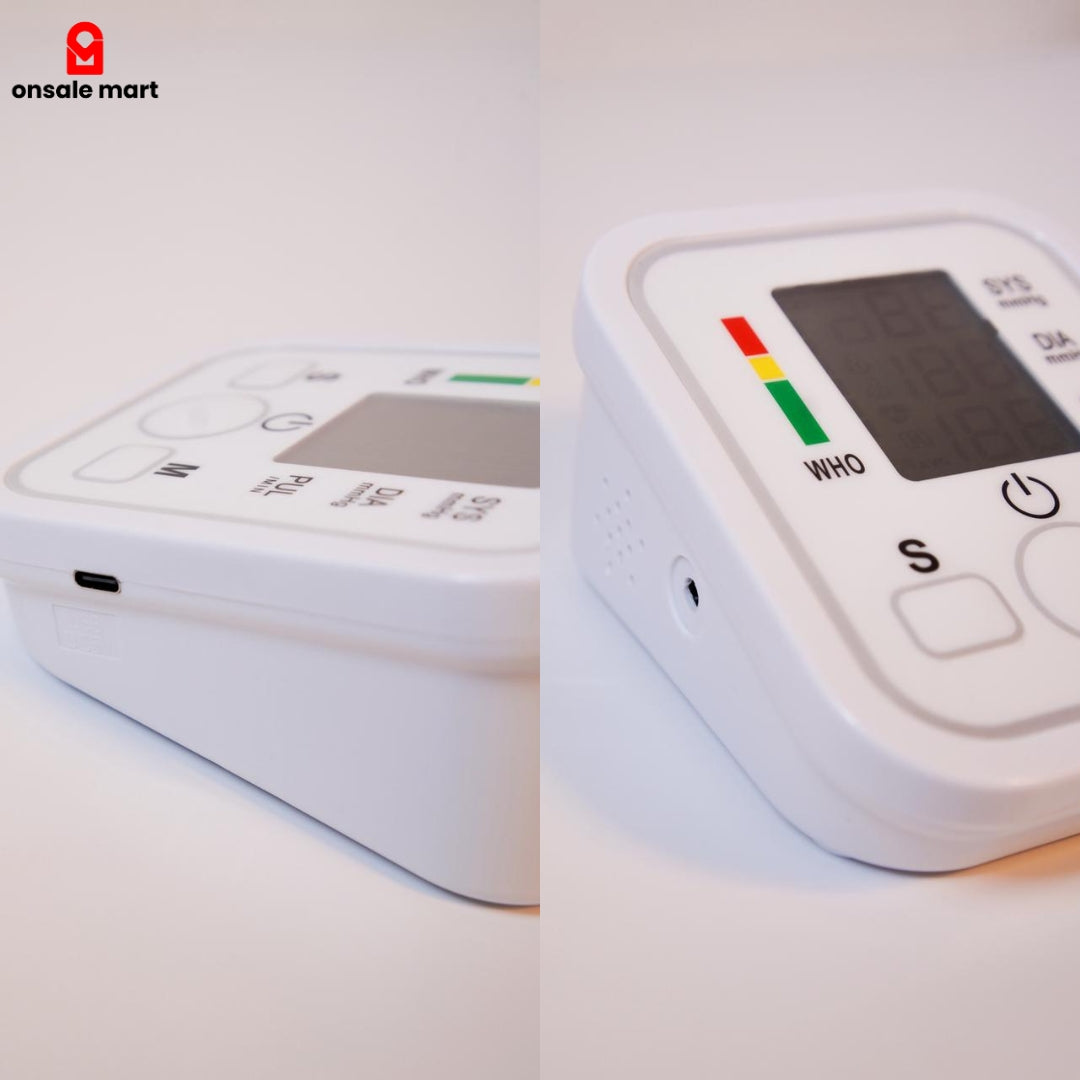 USB power and tube ports on the compact digital blood pressure monitor body.