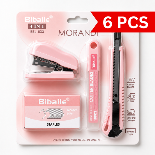Bibaile 4-in-1 Office Stationery Set Morandi pink stationery kit including mini stapler, utility cutter, cutter blade refill case and 24/6 staples for school and office