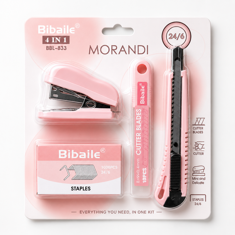Bibaile 4-in-1 Office Stationery Set Morandi pink stationery kit including mini stapler, utility cutter, cutter blade refill case and 24/6 staples for school and office
