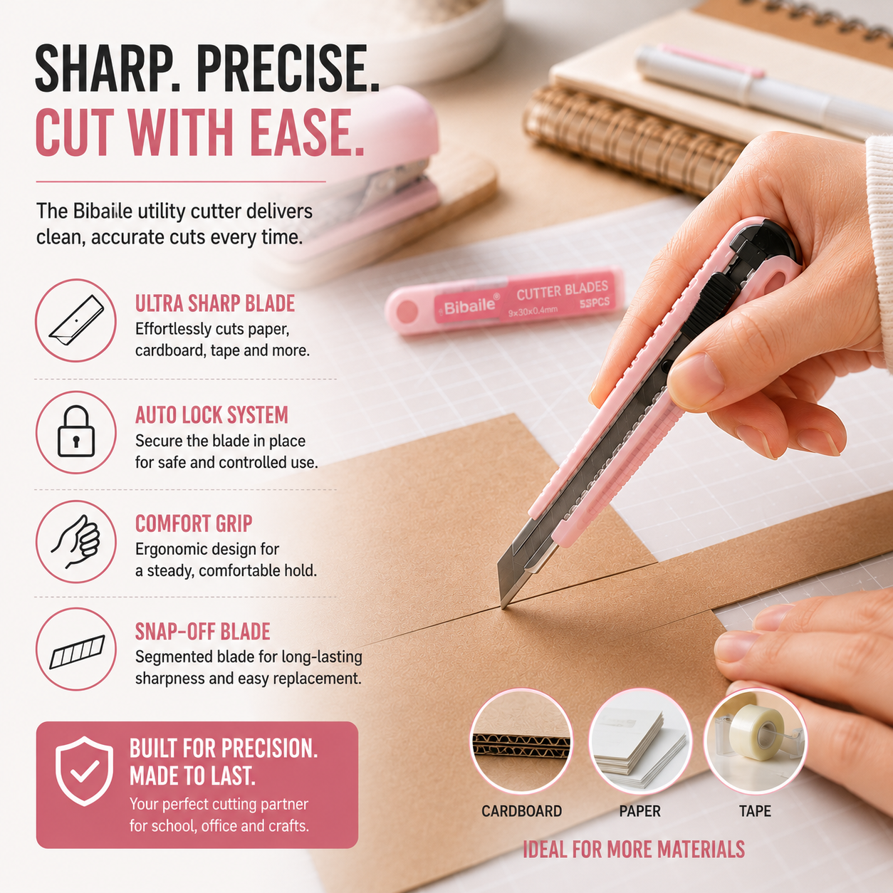 Bibaile 4-in-1 Office Stationery Set utility cutter with ultra sharp snap-off blade, safety lock system and ergonomic grip cutting cardboard for school, office and craft projects