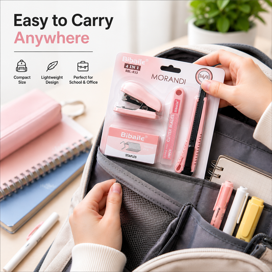 Bibaile 4-in-1 Office Stationery Set stored in backpack pocket, portable stationery kit with stapler, cutter, cutter blades and staples for students and professionals