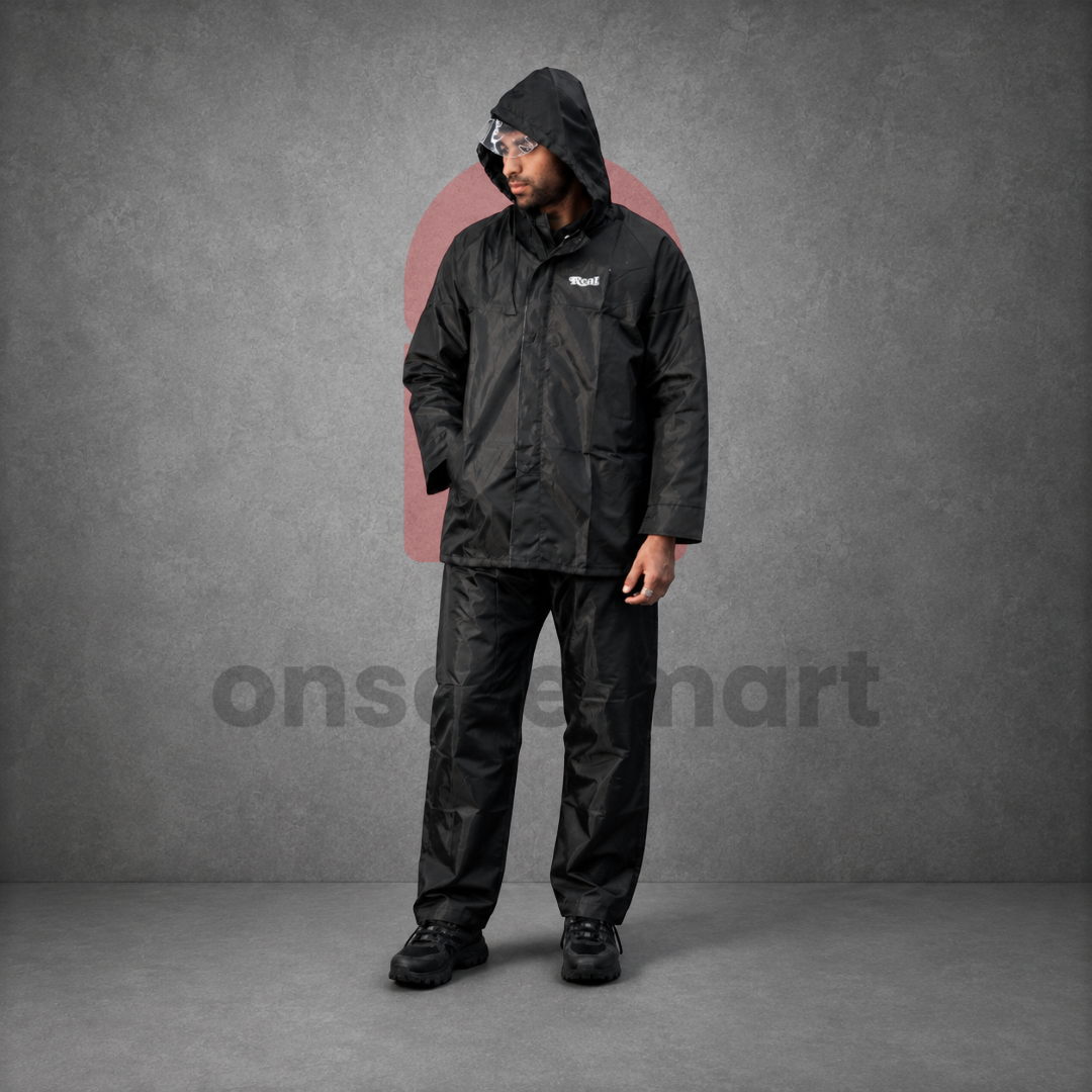 Black raincoat jacket and pant set for men with hood lightweight waterproof rainwear for travel and bike riding
