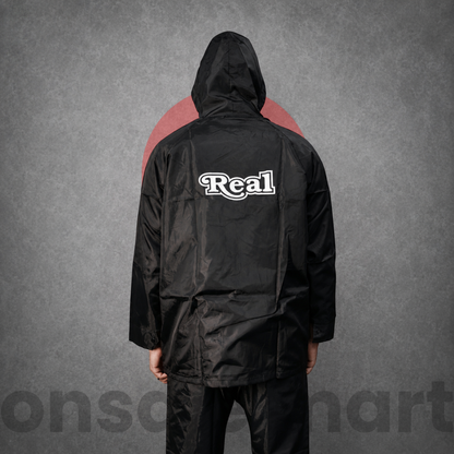 Back view of black waterproof raincoat jacket with hood and full sleeve rainwear design for heavy rain protection