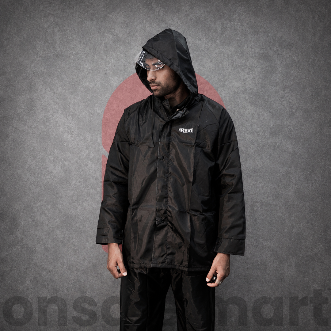 Black Full Sleeve Raincoat Jacket front view with hood and waterproof design for monsoon riding and outdoor use