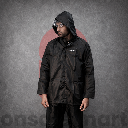 Black Full Sleeve Raincoat Jacket front view with hood and waterproof design for monsoon riding and outdoor use
