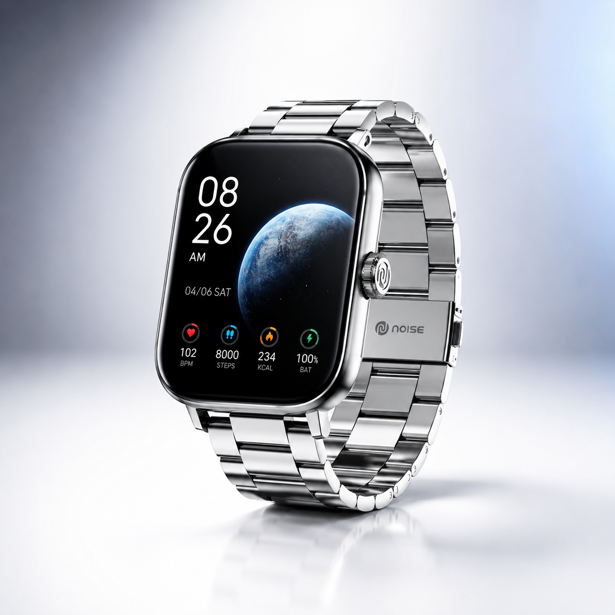Premium silver Bluetooth calling smartwatch with a stainless steel metal bracelet, large 1.96-inch AMOLED display, functional rotating crown, sleek rectangular design, and modern minimalist styling