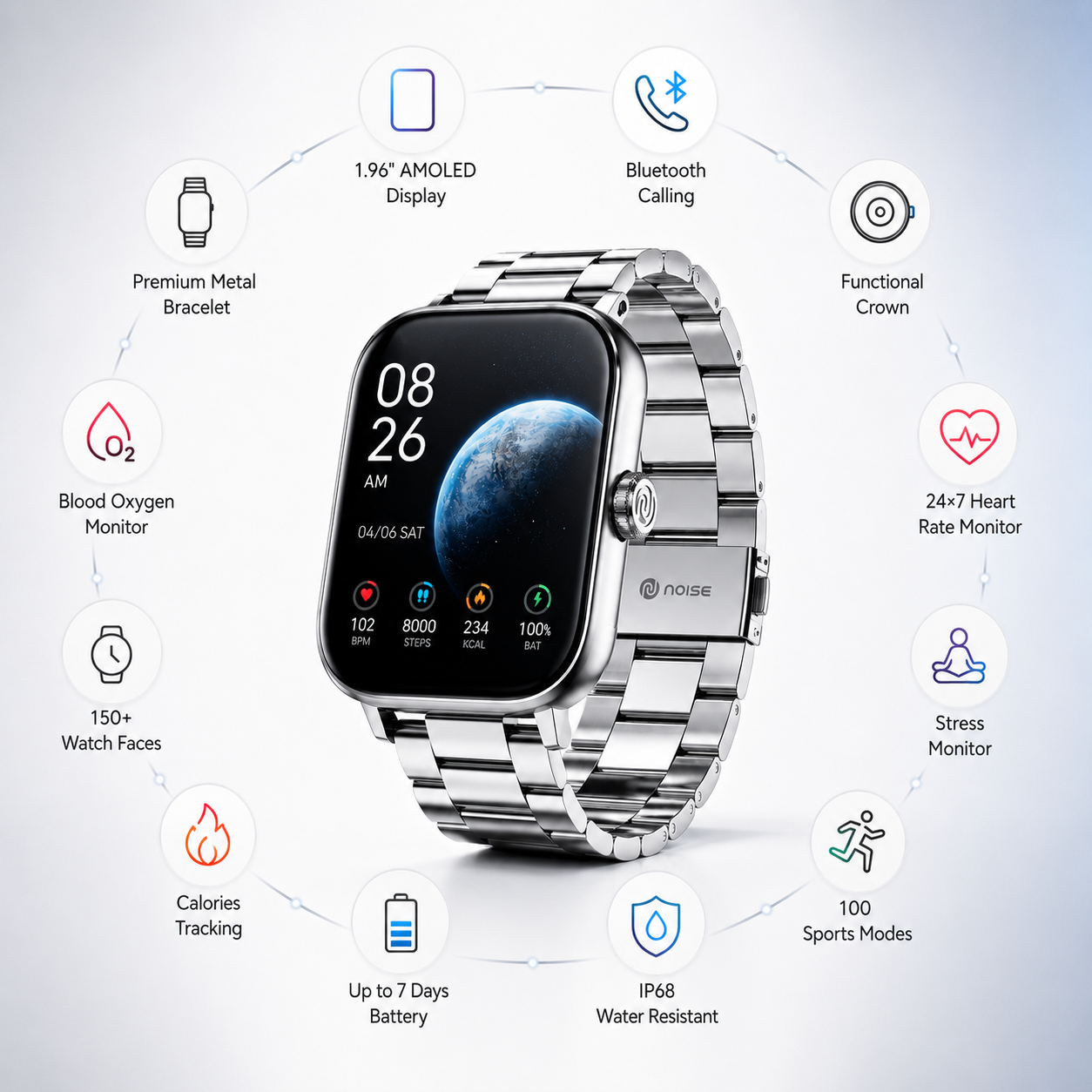 Extreme macro close-up of a premium smartwatch featuring a precision-machined functional rotating crown with polished stainless steel finish, sleek metal frame, curved edge AMOLED display, and premium craftsmanship.