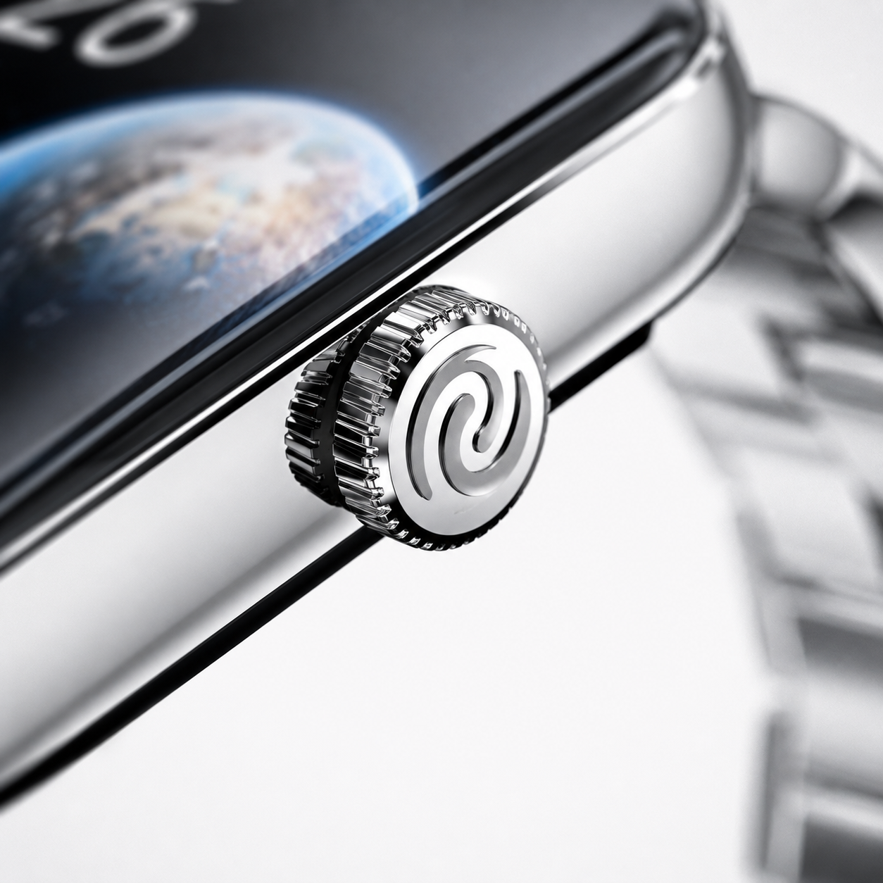 Premium silver Bluetooth calling smartwatch with stainless steel metal bracelet, 1.96-inch AMOLED display, functional crown, 24x7 heart rate monitoring, blood oxygen monitor, stress monitor, 100 sports modes, IP68 water resistance, up to 7-day battery life, 150+ watch faces, and calorie tracking infographic