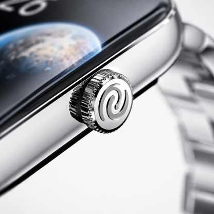 Premium silver Bluetooth calling smartwatch with stainless steel metal bracelet, 1.96-inch AMOLED display, functional crown, 24x7 heart rate monitoring, blood oxygen monitor, stress monitor, 100 sports modes, IP68 water resistance, up to 7-day battery life, 150+ watch faces, and calorie tracking infographic