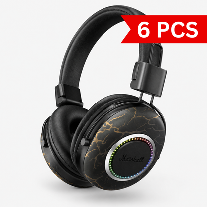 Premium black over-ear wireless Bluetooth headphones with luxurious cushioned ear cups, adjustable headband, decorative gold marble ear cup finish, and multicolor LED accent ring displayed