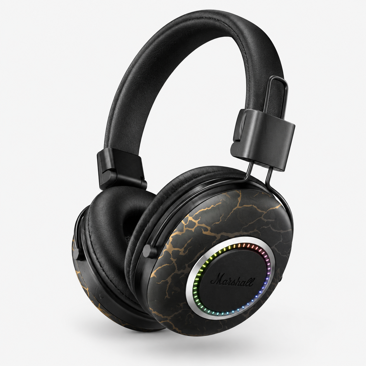 Premium black over-ear wireless Bluetooth headphones with luxurious cushioned ear cups, adjustable headband, decorative gold marble ear cup finish, and multicolor LED accent ring displayed