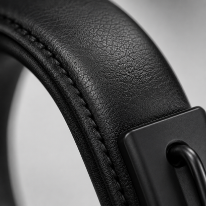 Close-up macro view of the premium padded headphone headband showcasing the soft leather-textured cushion, reinforced stitching, and durable ergonomic construction for long-lasting wearing comfort.