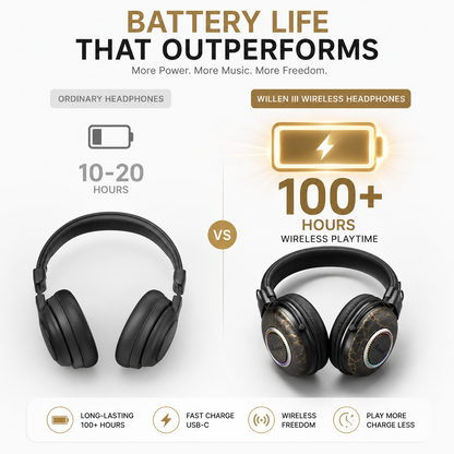 Comparison infographic showing ordinary wireless headphones with 10–20 hours of battery life versus premium wireless headphones offering over 100 hours of wireless playback with fast USB-C charging, wireless freedom, and long-lasting performance.